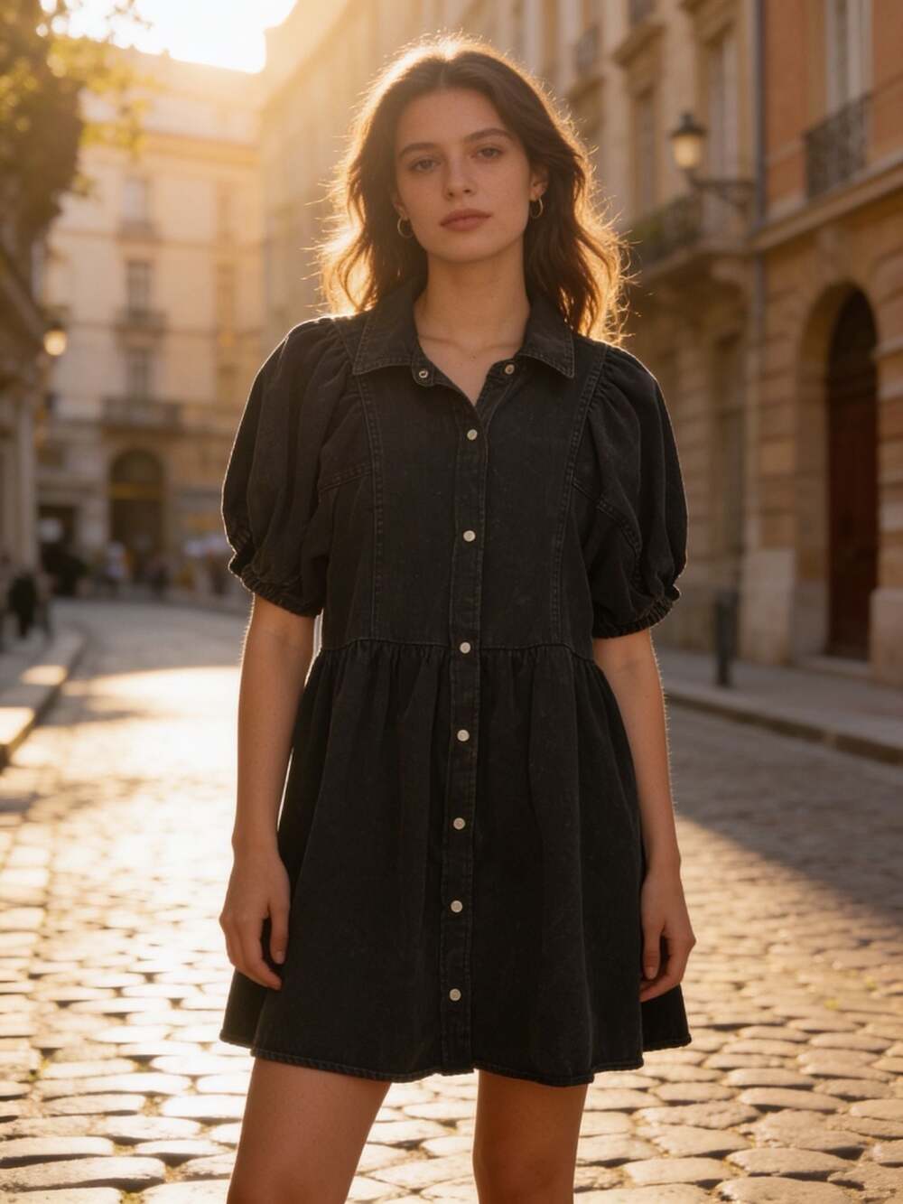 Vintage Enbro Black Acid Wash Denim Puff Sleeve  Mini Dress -Small